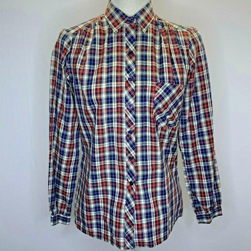 Vintage 80s Azur Button Up Shirt S Red Blue Plaid